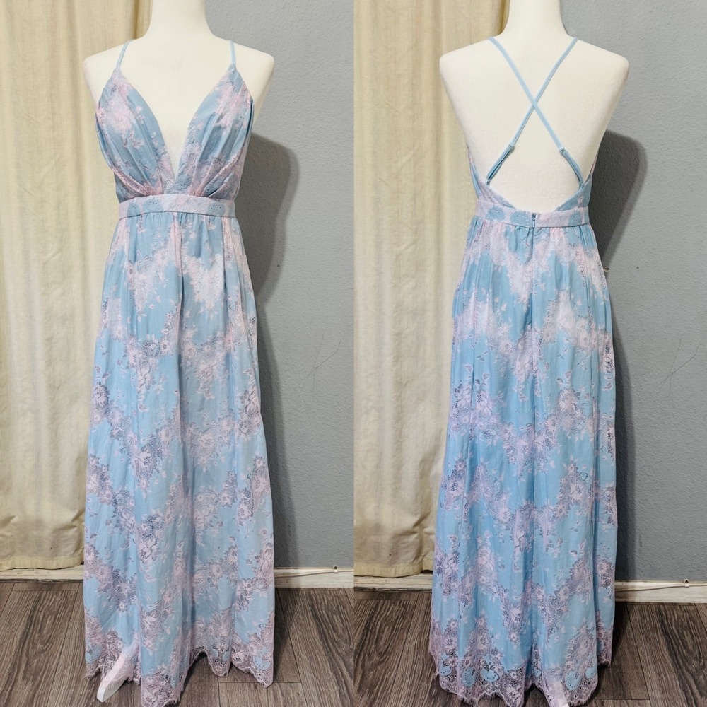 Cottagecore‎ BaeVely Dress S Light Blue Pink Floral Lace Maxi Open Back V-Neck